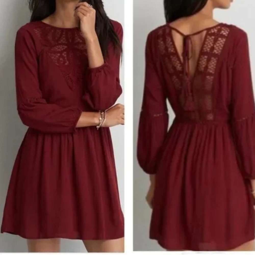 AEO Cutwork XL Cranberry Lace Front Back Detail Boho Dress - Picture 11 of 12